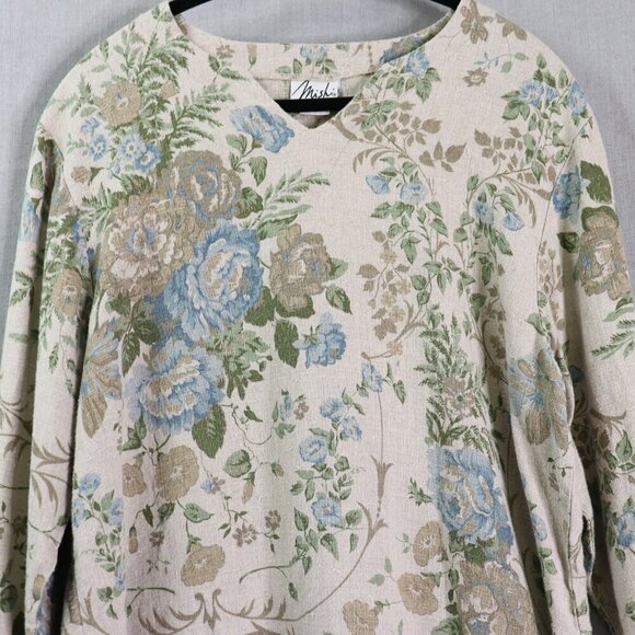 VTG Mishi Linen Tunic Top Women’s *L Floral V-Neck Boho Cottagecore Lagonlook - Picture 15 of 16